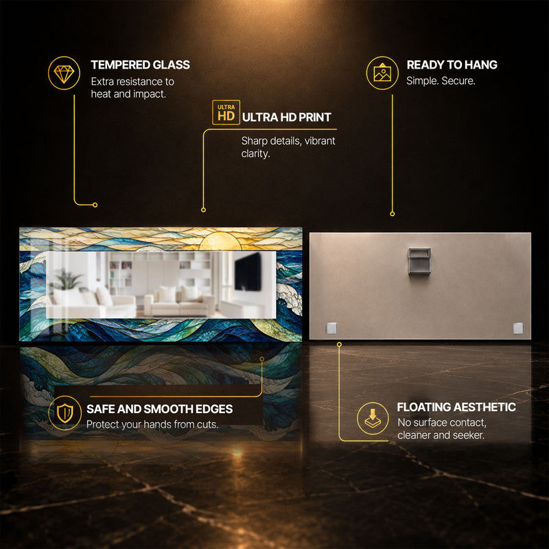 Golden Ocean Sunrise — tempered glass, ultra HD print, ready to hang