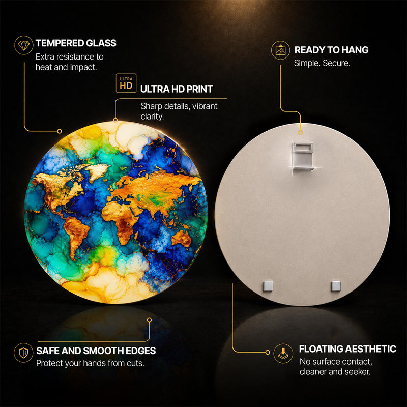 Gilded World Map — tempered glass, ultra HD print, ready to hang
