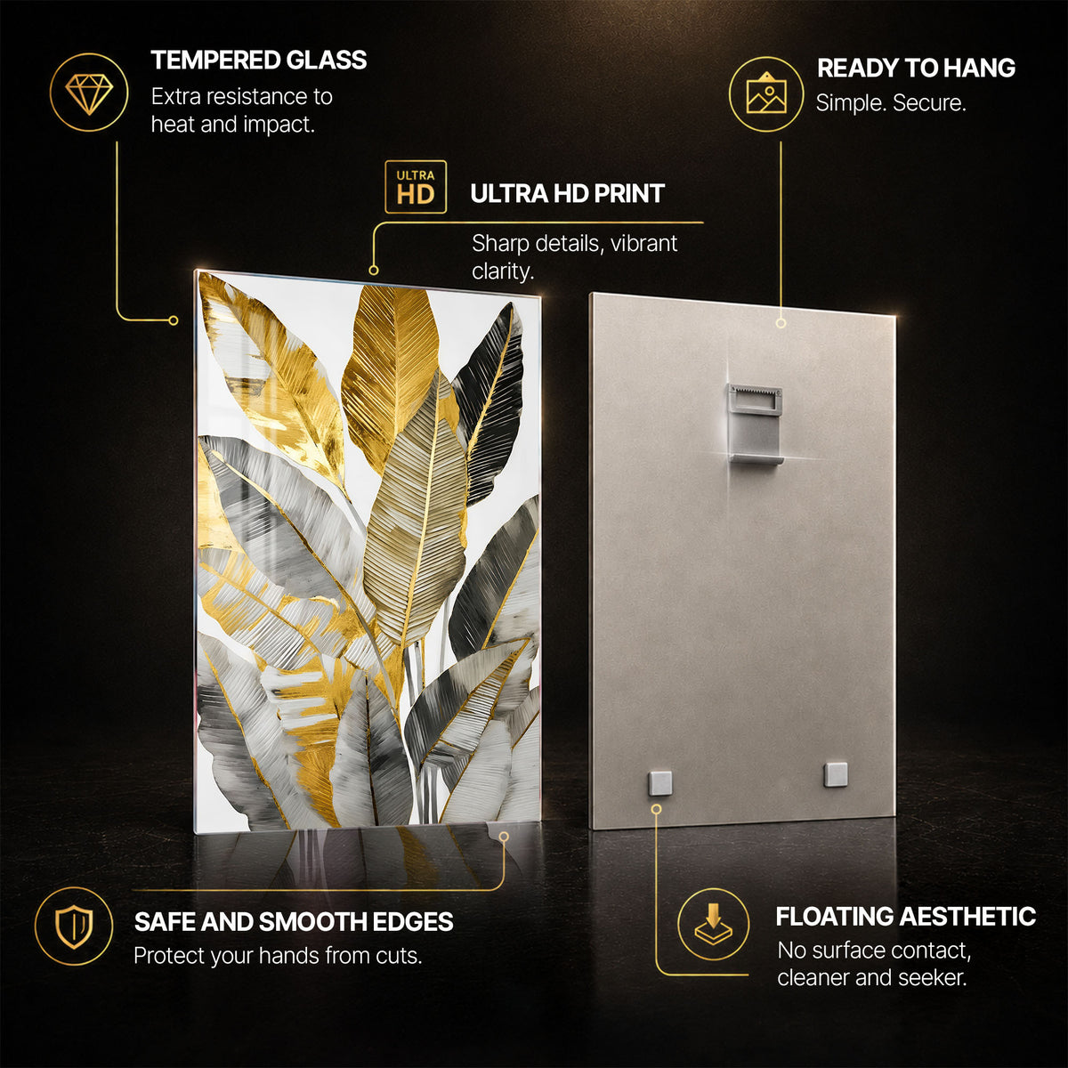 Gilded Tropical Leaves — tempered glass, ultra HD print, ready to hang