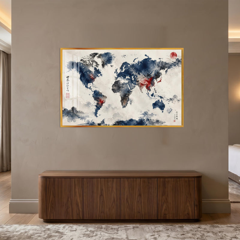 Ink Wash World Map with gold frame