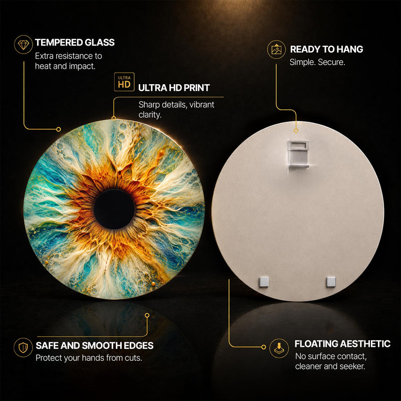 Solar Iris Burst — tempered glass, ultra HD print, ready to hang