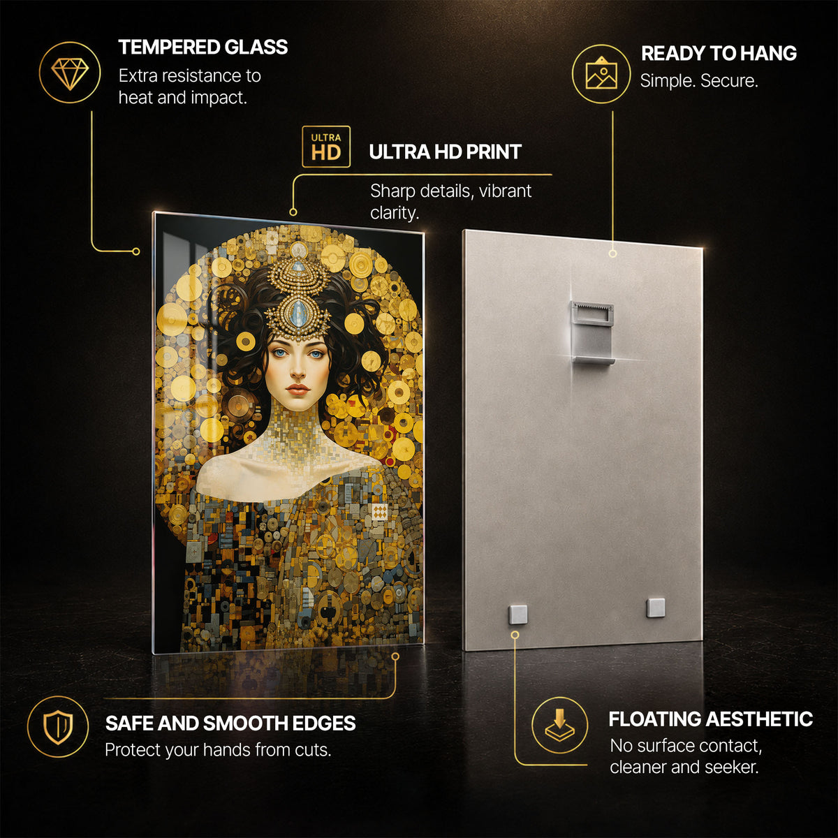 Golden Mosaic Muse — tempered glass, ultra HD print, ready to hang
