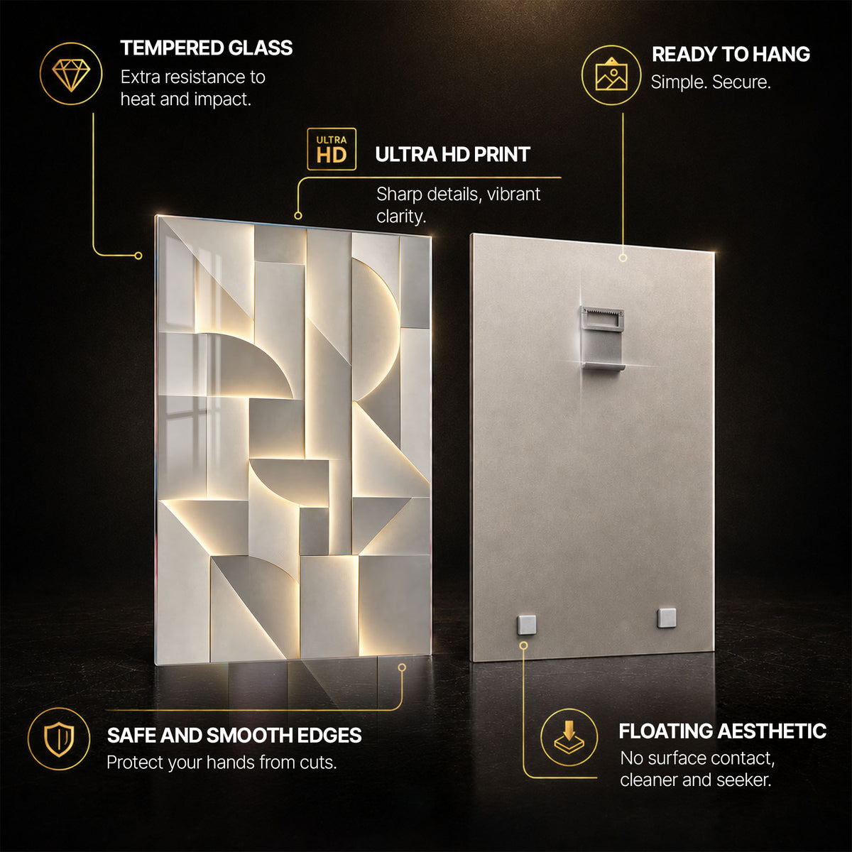 Golden Geometry — tempered glass, ultra HD print, ready to hang