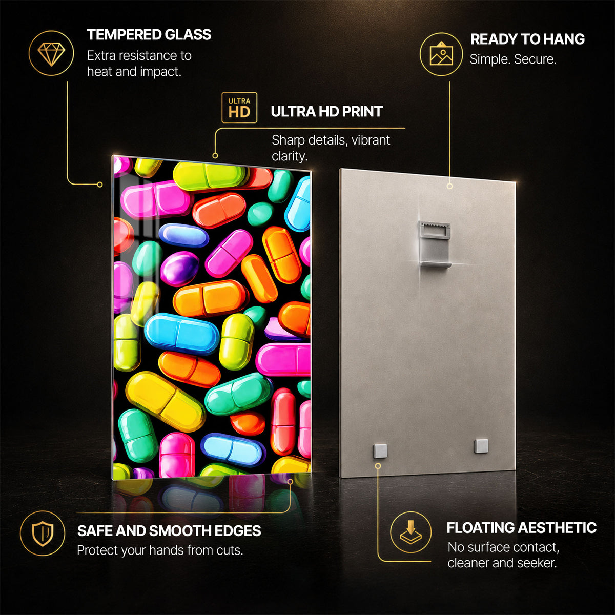 Chromatic Capsules — tempered glass, ultra HD print, ready to hang