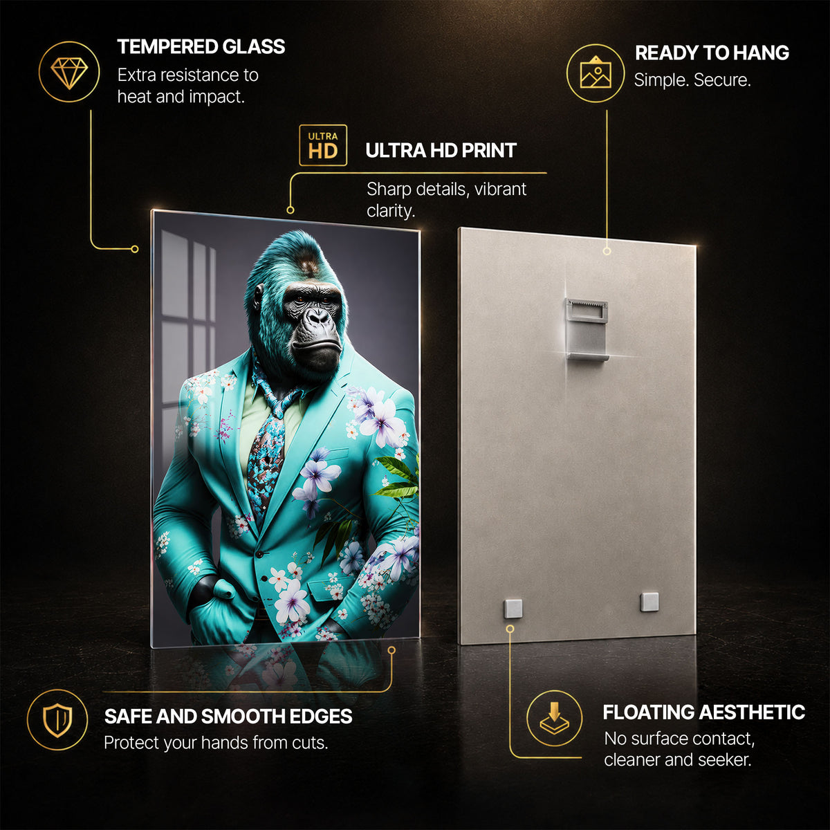 Turquoise Gentleman Gorilla — tempered glass, ultra HD print, ready to hang