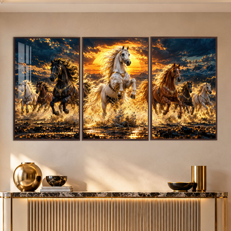 Golden Sunset Horses with walnut frame