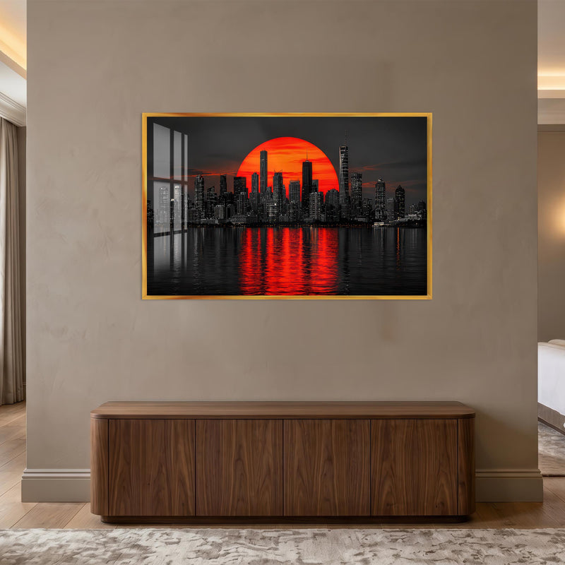 Crimson City Sunset with gold frame