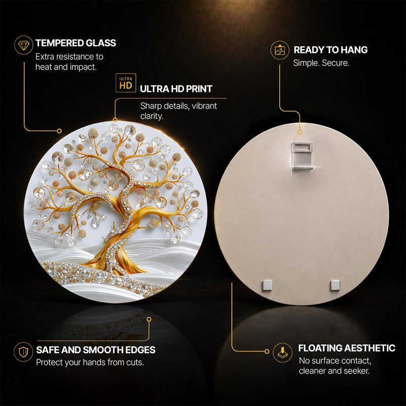 Jeweled Golden Tree — tempered glass, ultra HD print, ready to hang