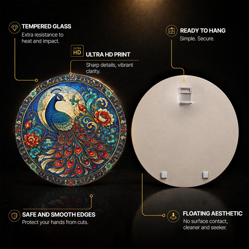 Golden Peacock Moon — tempered glass, ultra HD print, ready to hang