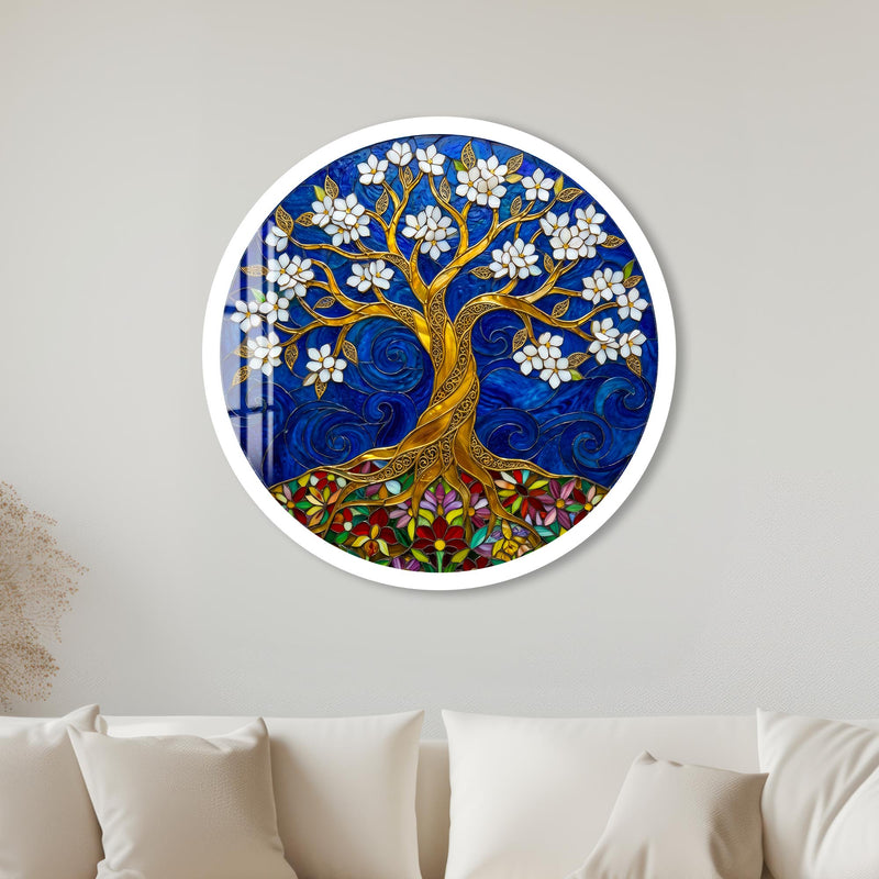 Blossoming Gold Tree On Royal Blue with white frame