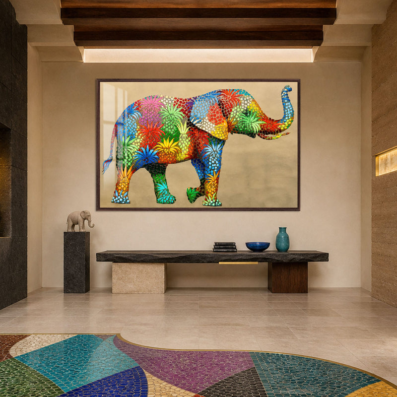 Artronauts Glass Print 18x12 cm | 7.1"x4.7" / Walnut Floral Mosaic Elephant Glass Wall Art