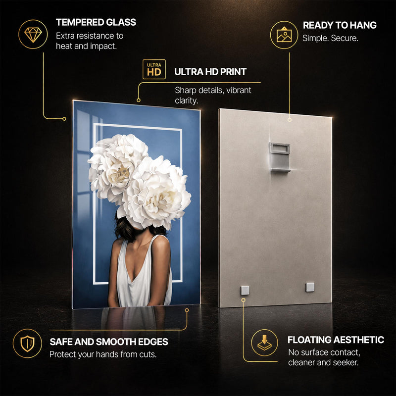 Ivory Bloom Muse — tempered glass, ultra HD print, ready to hang
