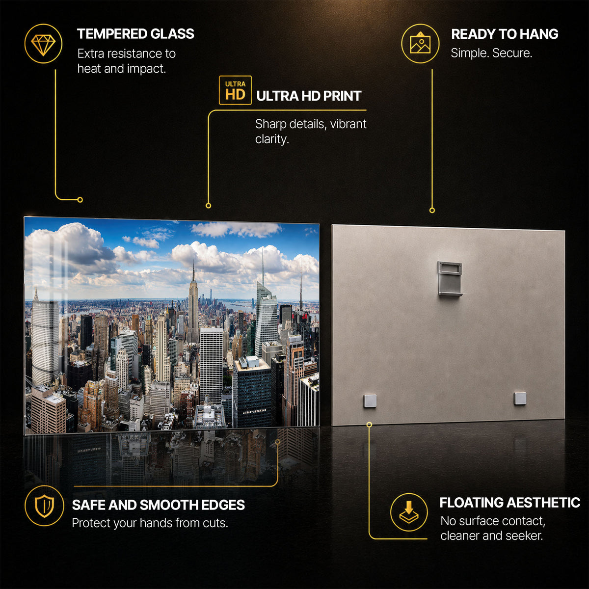 Manhattan Skyline Panorama — tempered glass, ultra HD print, ready to hang
