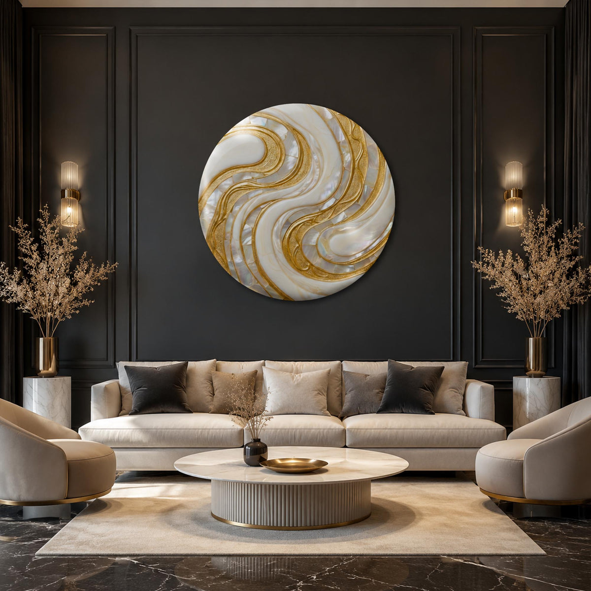 Pearlescent Golden Flow — tempered glass, ultra HD print, ready to hang
