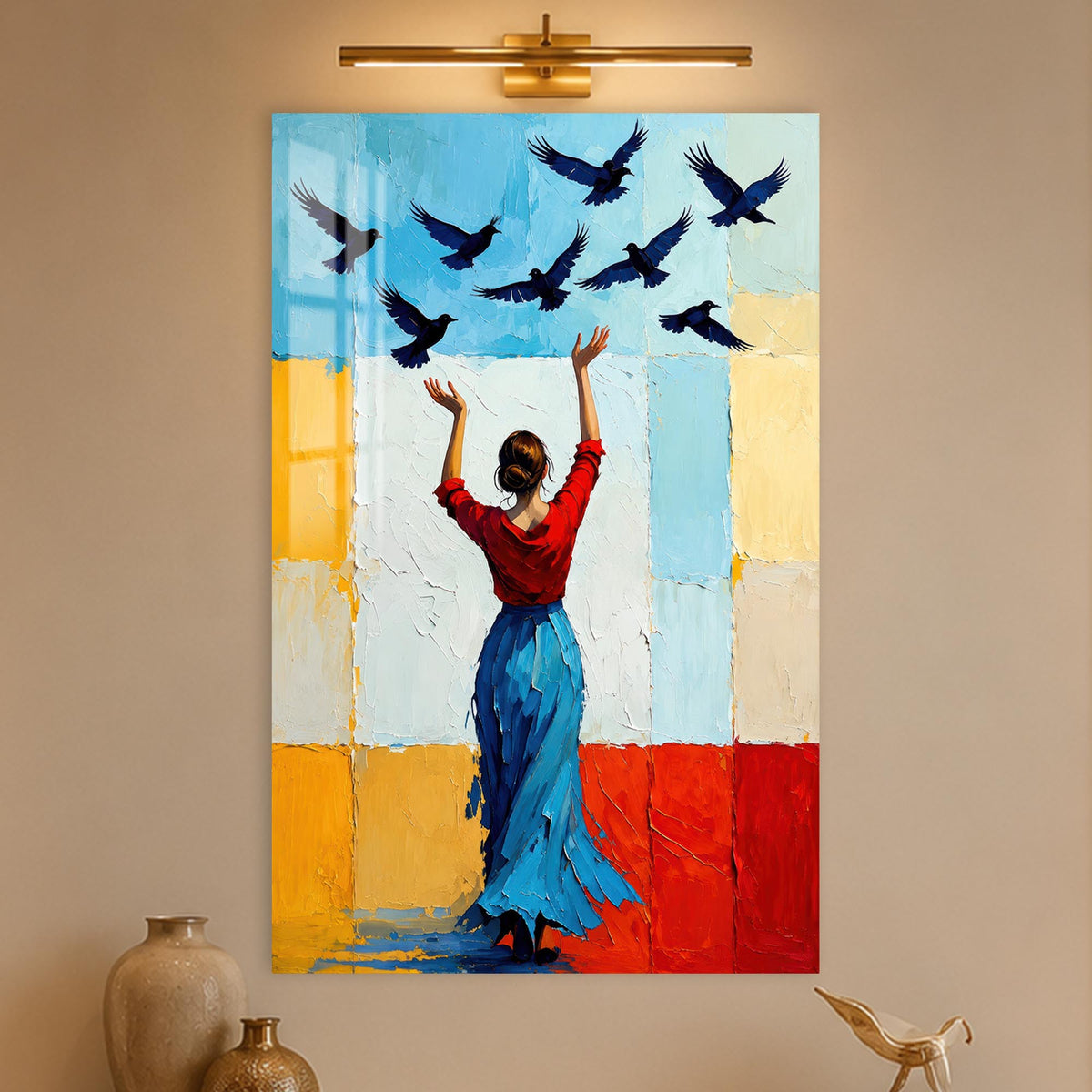 Woman Releasing Birds in a modern room