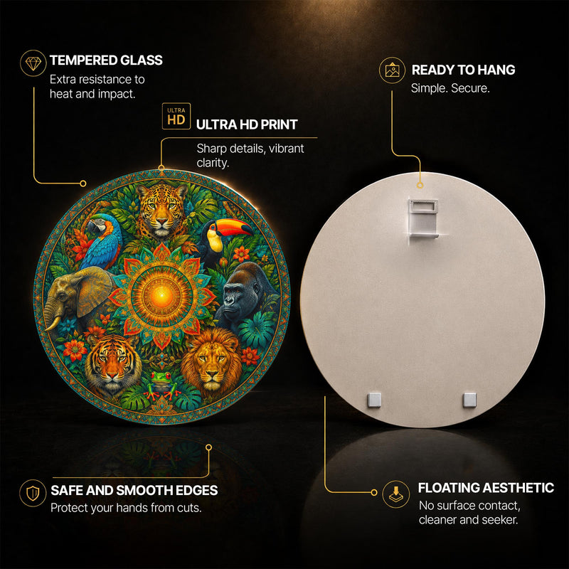 Jungle Kingdom Mandala — tempered glass, ultra HD print, ready to hang