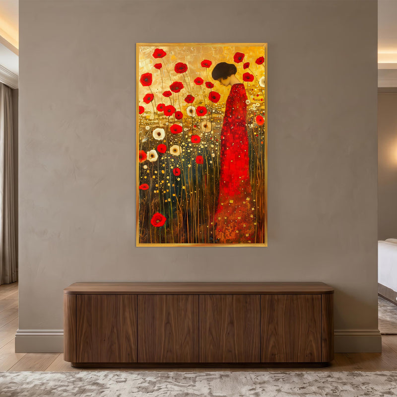Crimson Poppy Reverie with gold frame