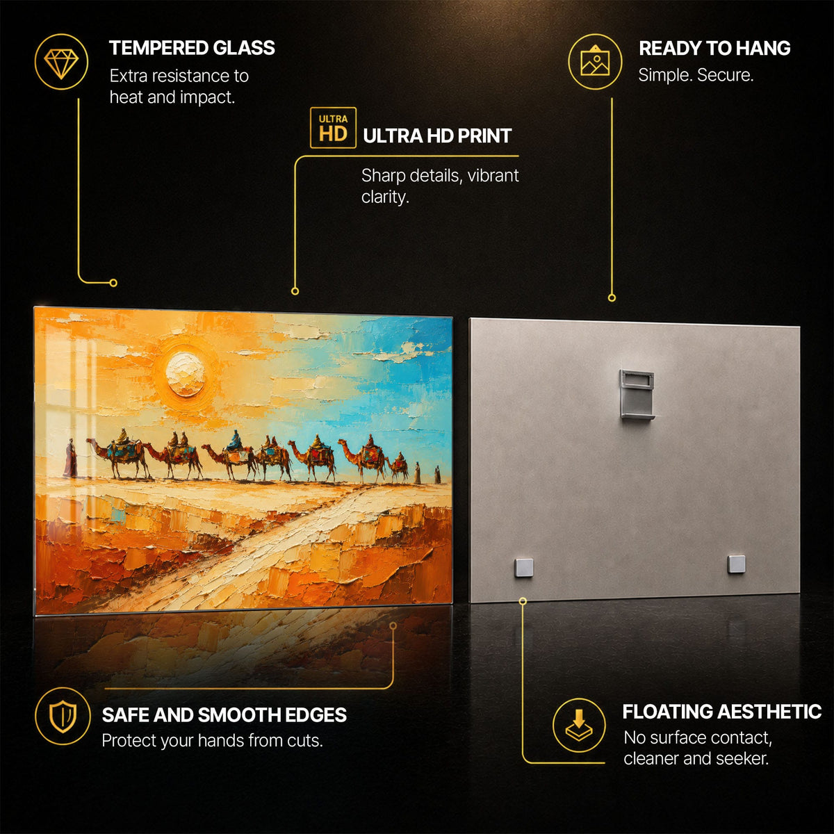 Desert Caravan Crossing — tempered glass, ultra HD print, ready to hang