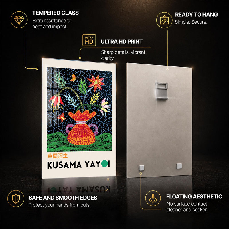 Kusama Floral Reverie — tempered glass, ultra HD print, ready to hang