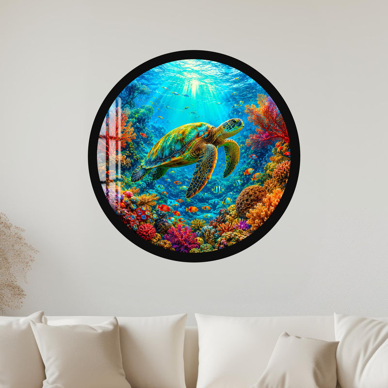 Vibrant Coral Sea Turtle with black frame