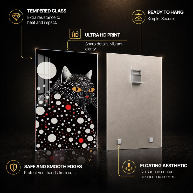 Dotted Midnight Cat — tempered glass, ultra HD print, ready to hang