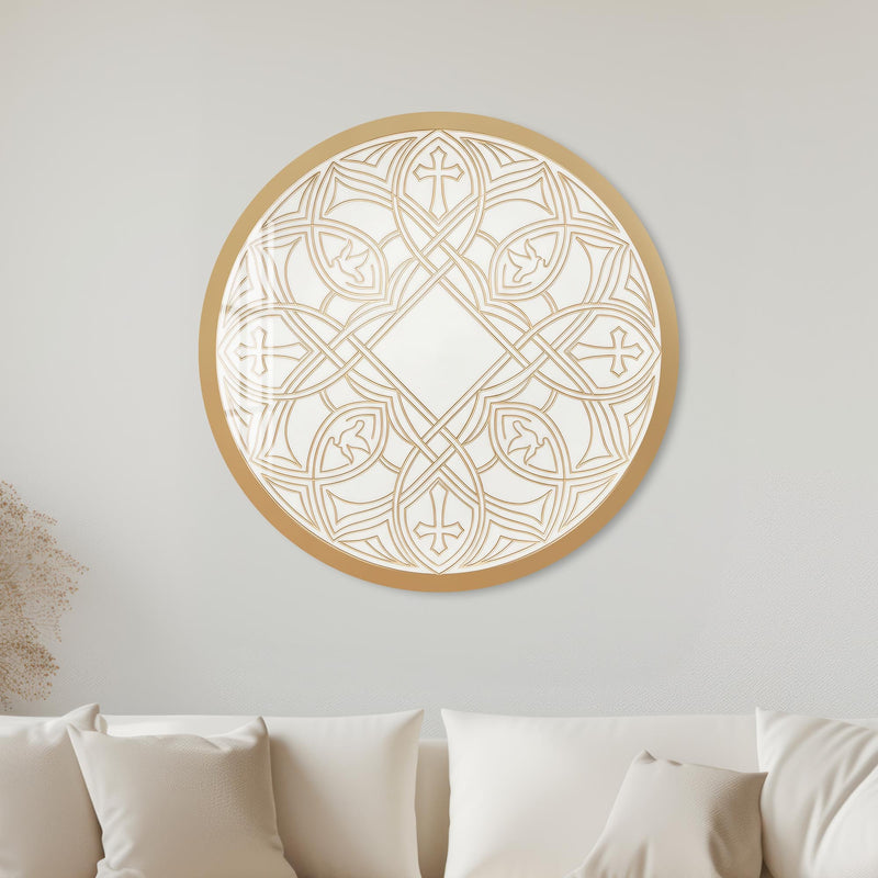 Gothic Cross And Dove Roundel with gold frame