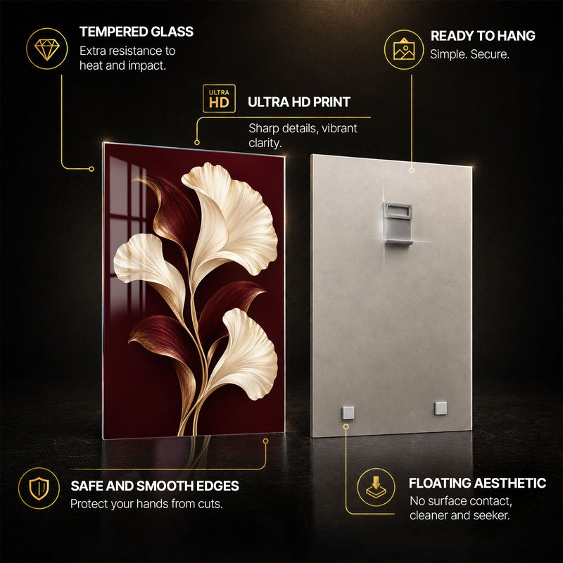 Burgundy Botanical — tempered glass, ultra HD print, ready to hang