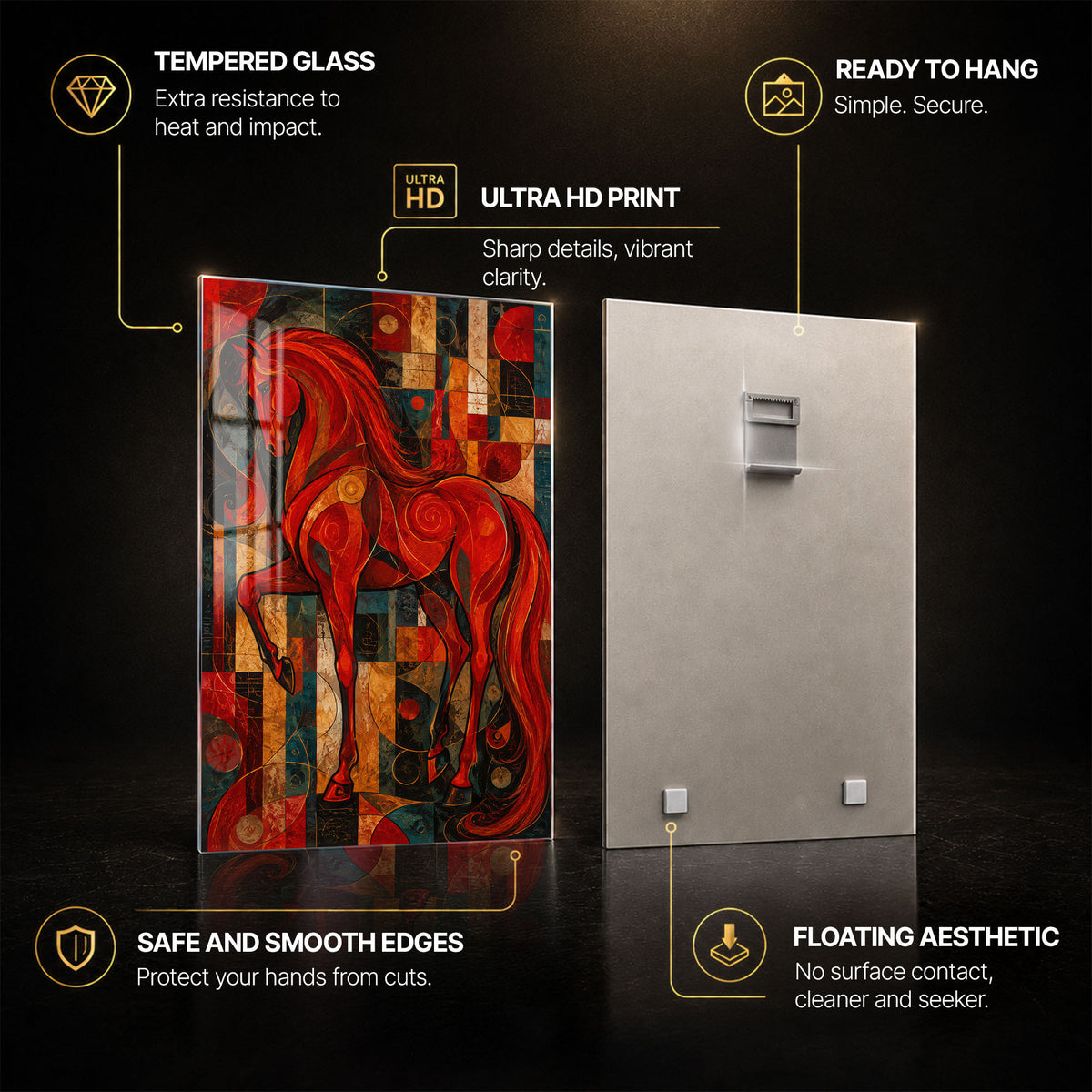 Scarlet Mosaic Horse — tempered glass, ultra HD print, ready to hang