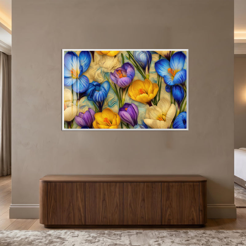 Vibrant Crocus Garden with white frame