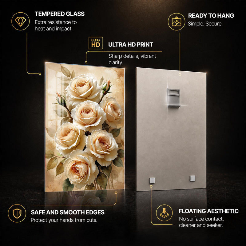 Champagne Rose Bouquet — tempered glass, ultra HD print, ready to hang