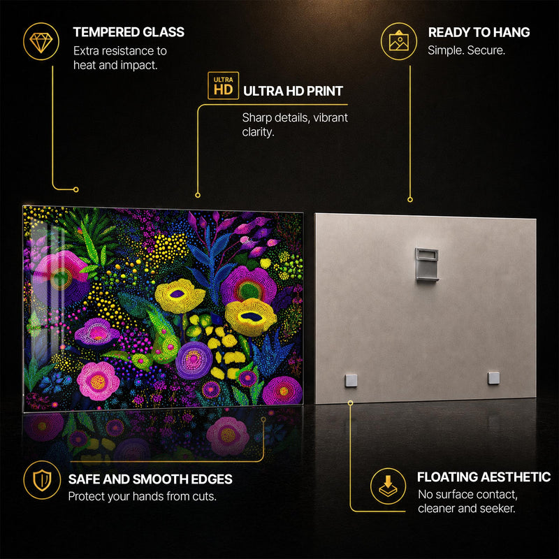 Neon Midnight Garden — tempered glass, ultra HD print, ready to hang