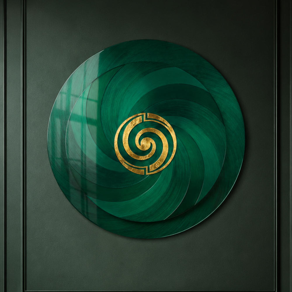 Emerald Spiral — tempered glass, ultra HD print, ready to hang