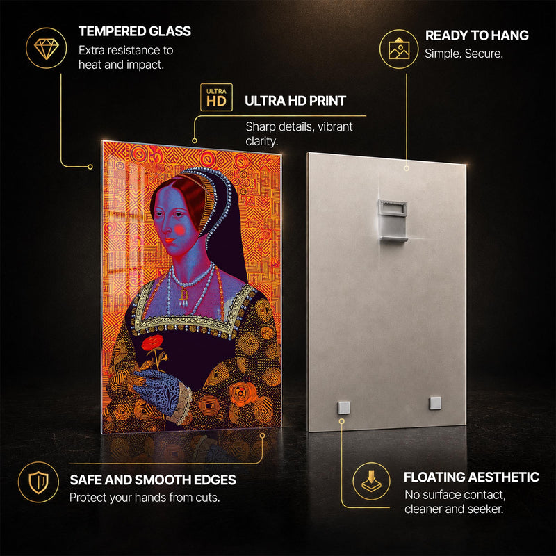 Neon Tudor Muse — tempered glass, ultra HD print, ready to hang