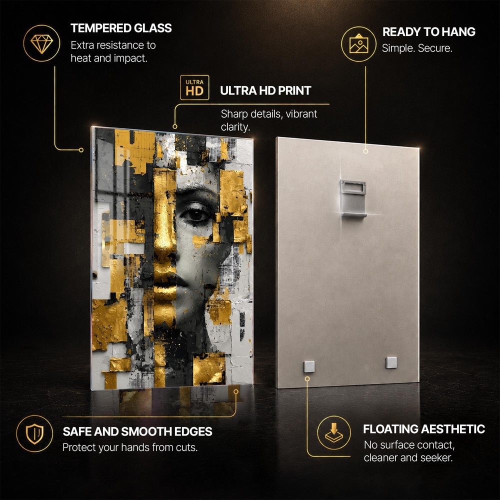 Fragmented Golden Woman — tempered glass, ultra HD print, ready to hang