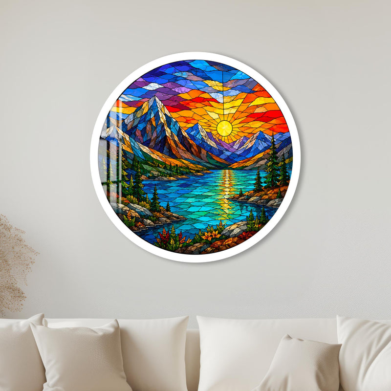 Stained Glass Mountain Sunset with white frame