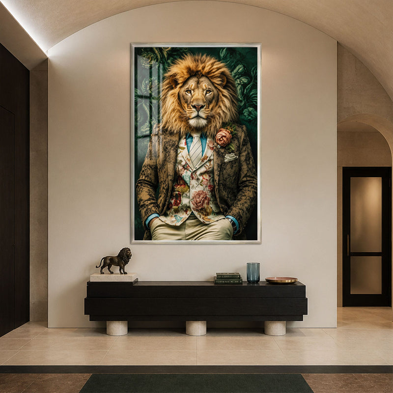 Artronauts Glass Print 12x18 cm | 4.7"x7.1" / Silver Floral Gentleman Lion Glass Wall Art