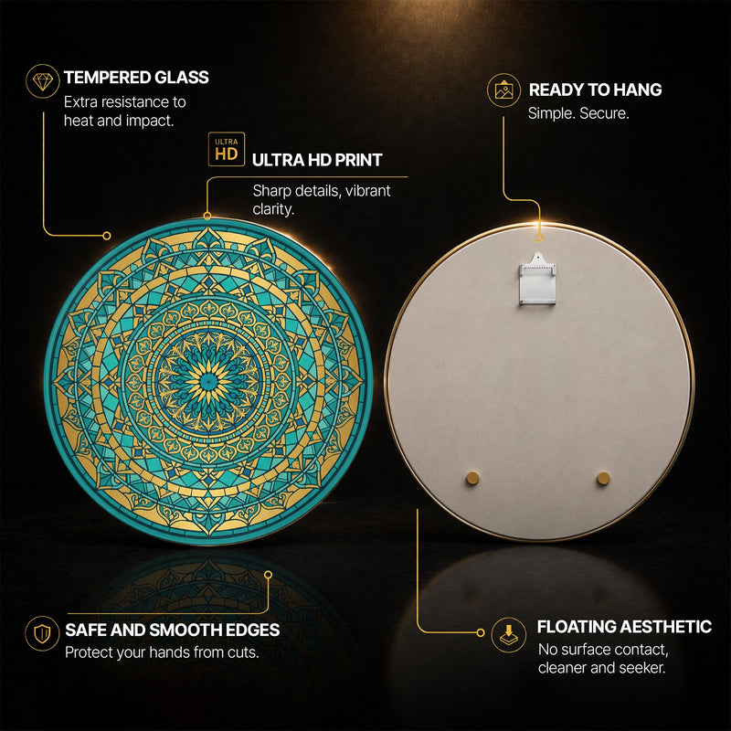 Teal Gold Rose Window Mandala — tempered glass, ultra HD print, ready to hang
