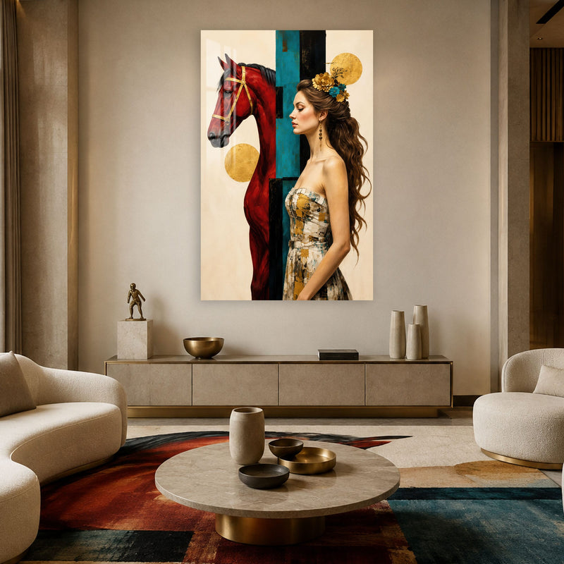 Artronauts Glass Print Crimson Horse and Muse Glass Wall Art
