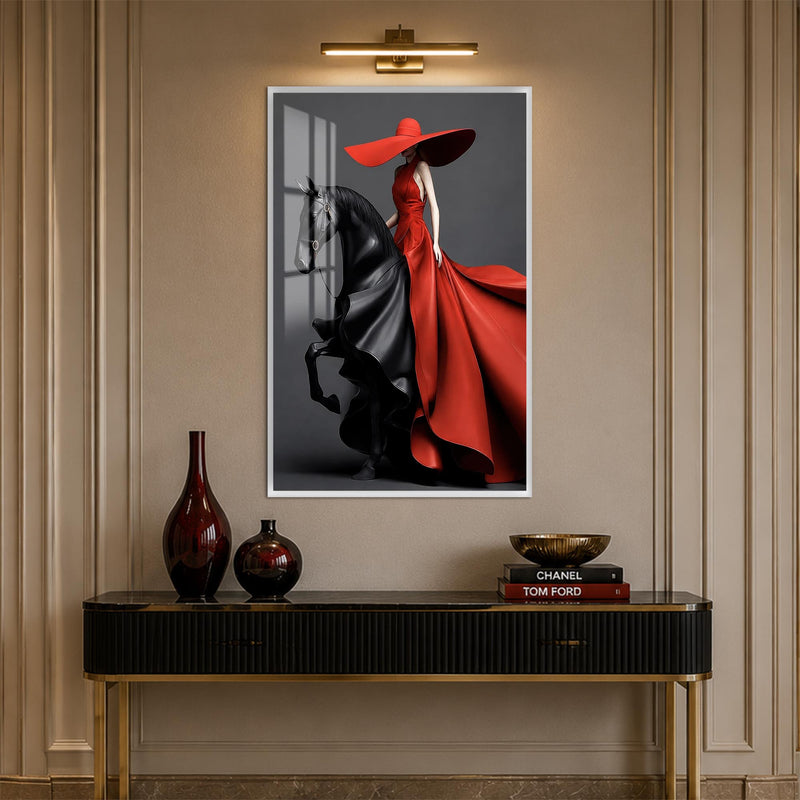 Crimson Equestrian Elegance with white frame