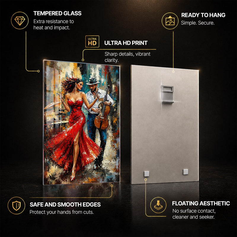 Red Dress Serenade — tempered glass, ultra HD print, ready to hang