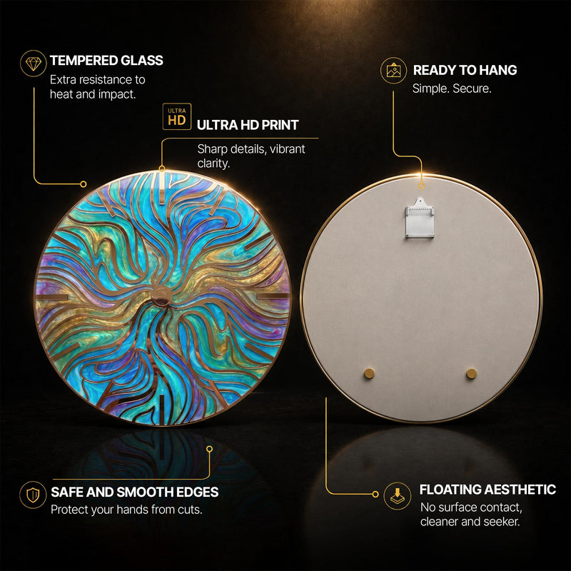 Stained Glass Radial Swirl — tempered glass, ultra HD print, ready to hang