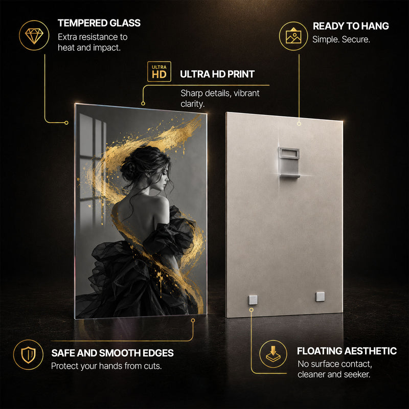 Golden Grace — tempered glass, ultra HD print, ready to hang