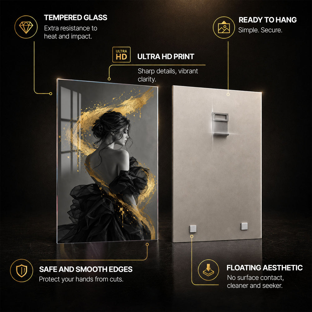 Golden Grace — tempered glass, ultra HD print, ready to hang