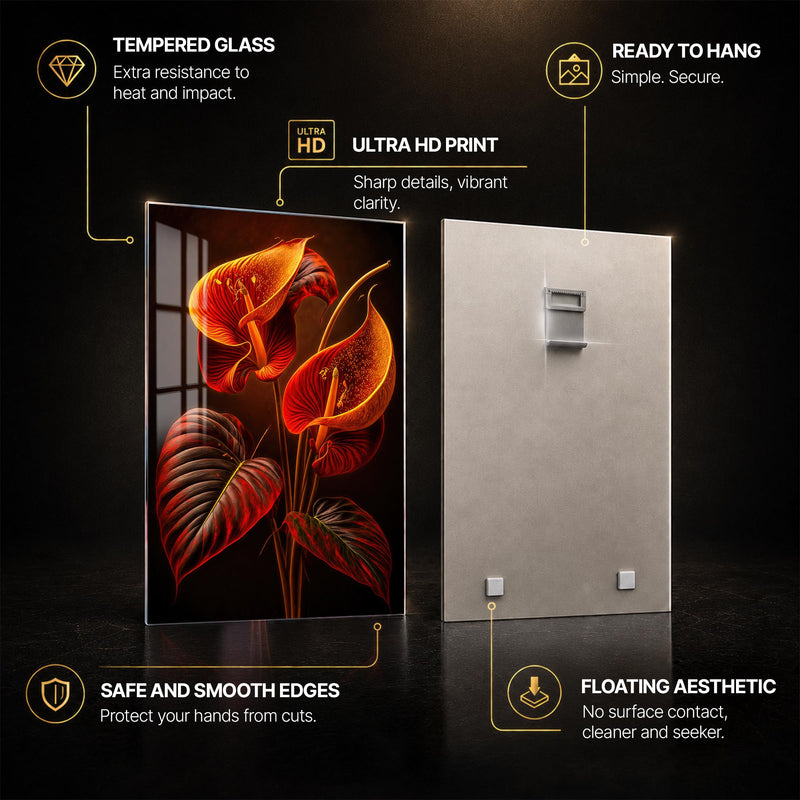 Ember Calla Lilies — tempered glass, ultra HD print, ready to hang
