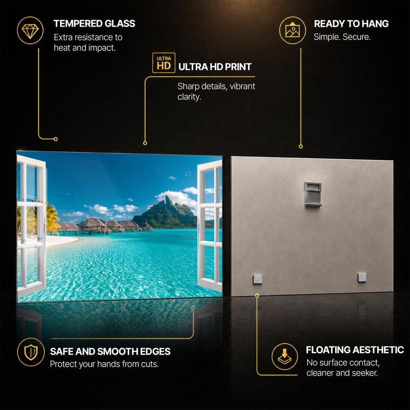 Tropical Window Escape — tempered glass, ultra HD print, ready to hang