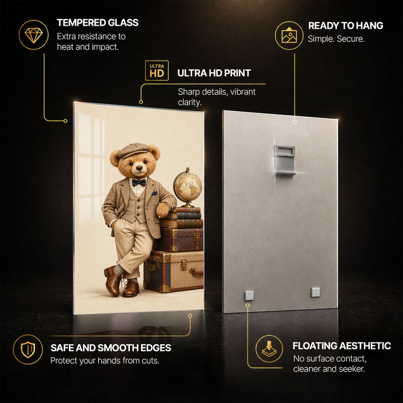Vintage Teddy Bear Adventures — tempered glass, ultra HD print, ready to hang