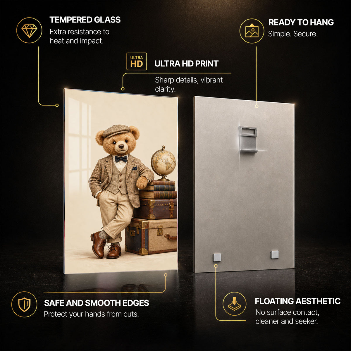 Vintage Teddy Bear Adventures — tempered glass, ultra HD print, ready to hang