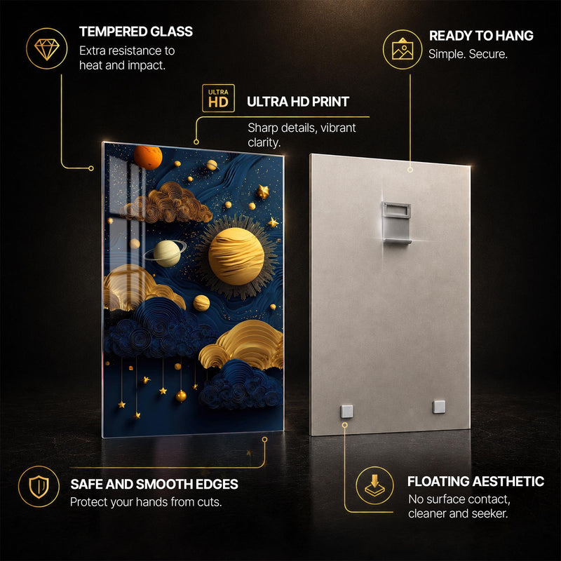 Gilded Cosmic Dreams — tempered glass, ultra HD print, ready to hang