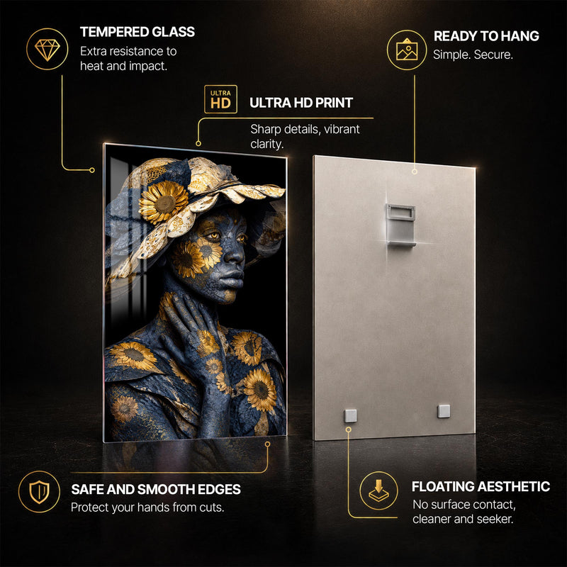 Gilded Sunflower Muse — tempered glass, ultra HD print, ready to hang