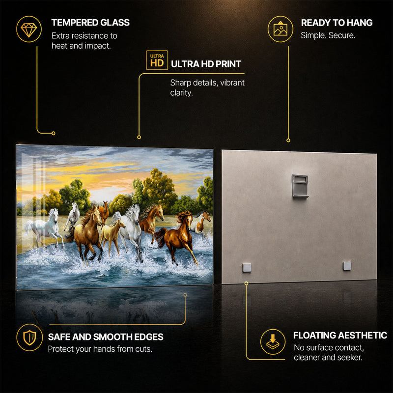Horses Running Through Water — tempered glass, ultra HD print, ready to hang
